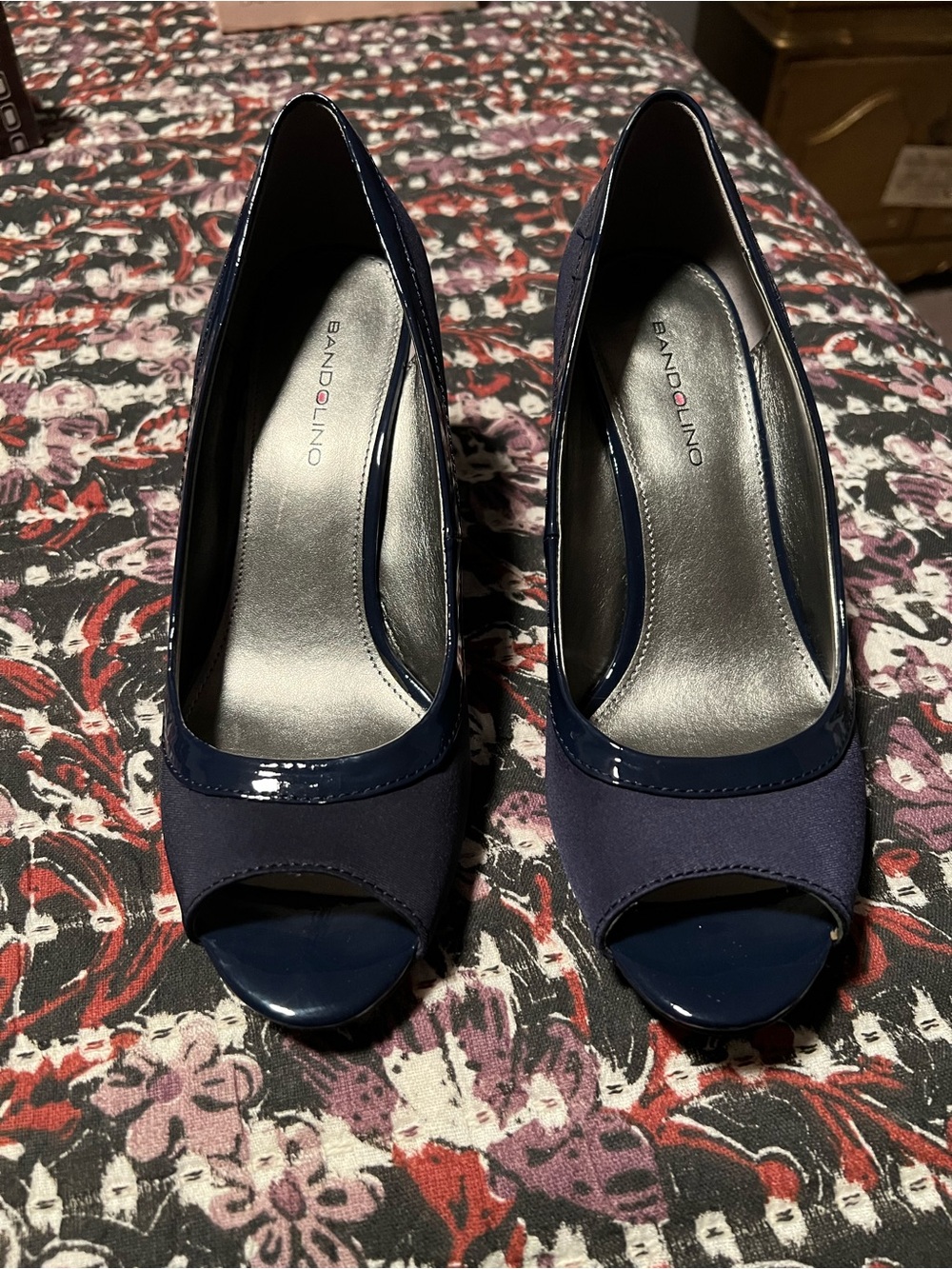 Bandolino Navy Peep Toe Heels with Patent Trim